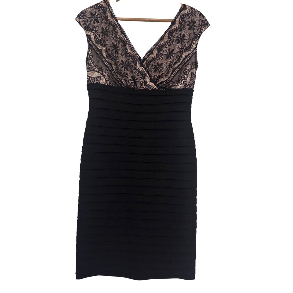 Signature Lana Black Lace Nude Bodycon Tiered Shutter Pleat Sheath Dress Size 6